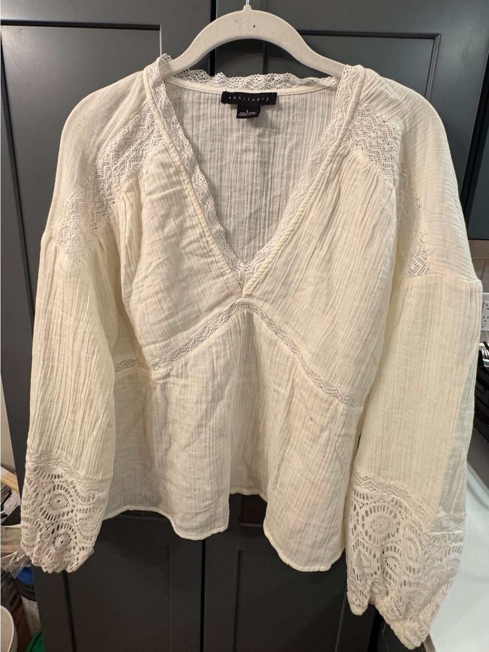 Sanctuary Cream Lace-Trim Gauze Peasant Top Size Large